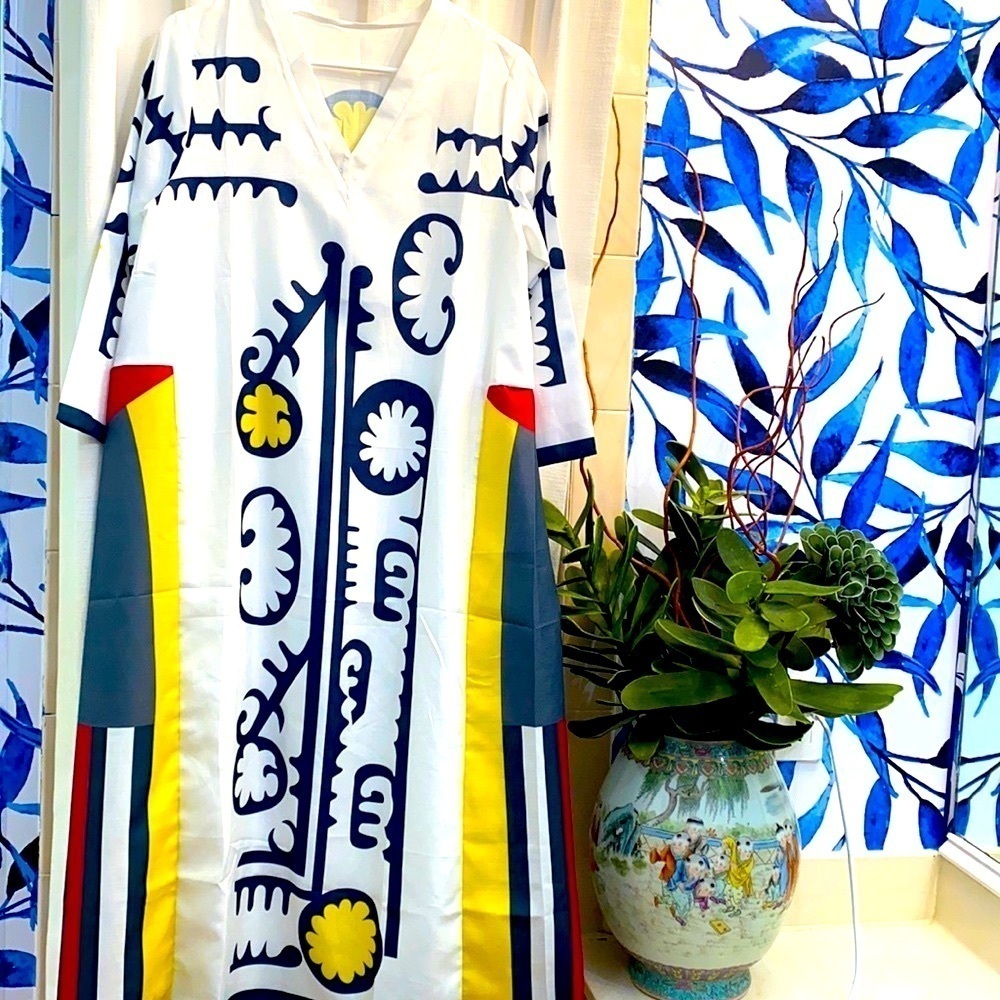 NWOT White Artisan Printed Kaftan Dress | Abstract Floral Maxi | Boho Resort